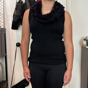 Saks Fifth Avenue Black Sleeveless Sweater with Faux Fur Collar